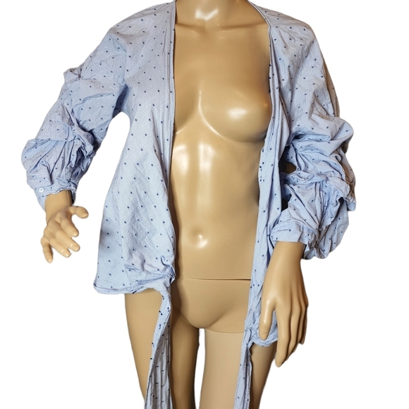 Zara Blue Swiss dot striped long sleeve wrap blouse.  Size medium - Picture 6 of 13